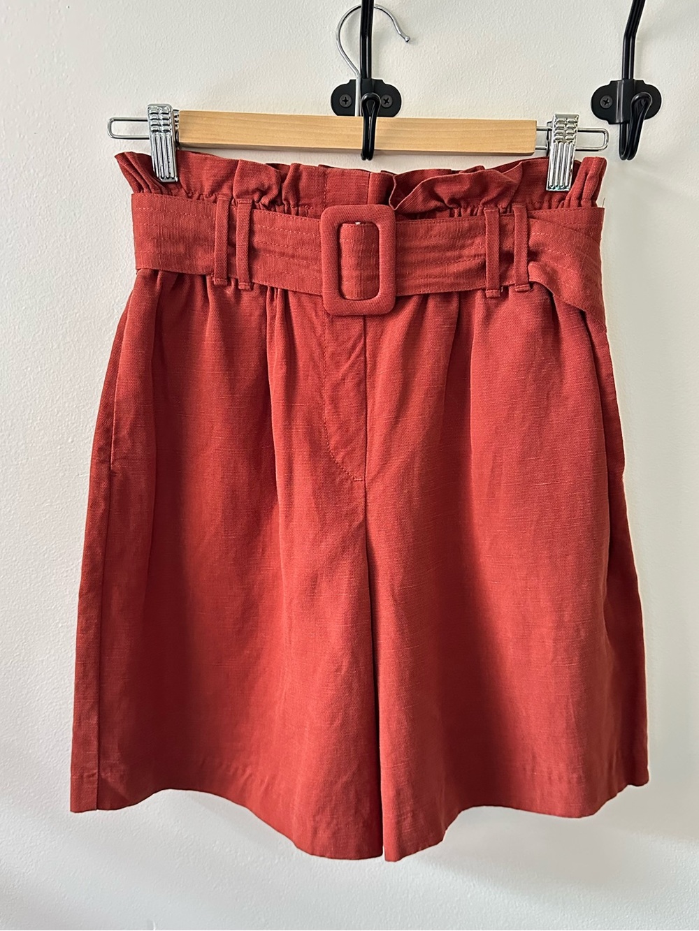 Zara Rust-Red Paperbag Waist Belted Bermuda Shorts Jorts